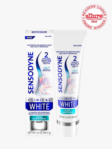 Sensodyne Pronamel Gentle Whitening Toothpaste in branded component on a light gray background with white and red Allure Readers' Choice Award seal in the top right corner