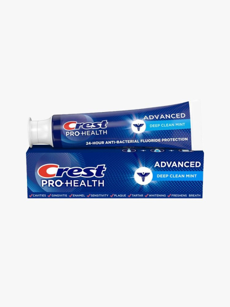 Crest Pro-Health Advanced Deep Clean Mint blue tube of toothpaste and box on light gray background