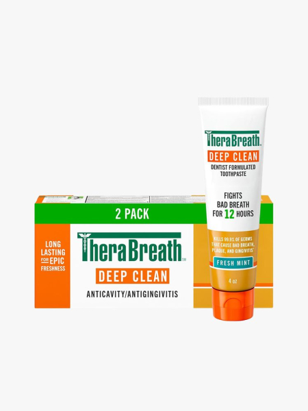 Therabreath Deep Clean Toothpaste white and orange tube of toothpaste with box on light gray background